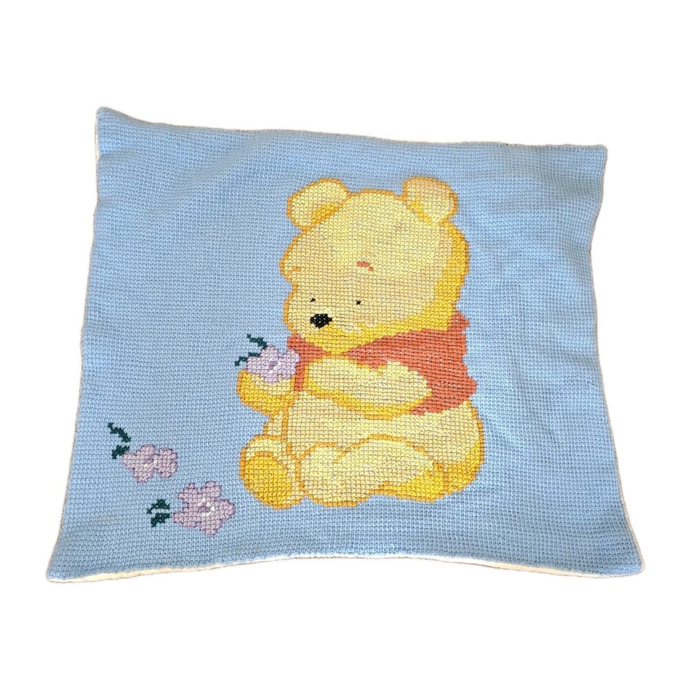Vintage Crochet Winnie The Pooh Baby Blanket Handmade Y2K 90s Floral Purple Blue